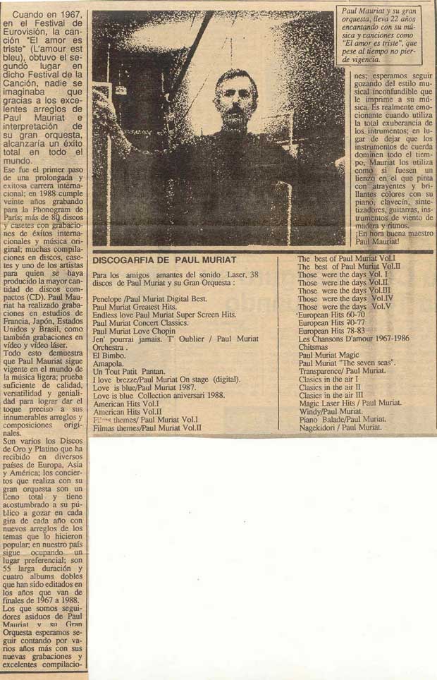 Newspaper clip from Paul Mauriat visit to Lima in 1981